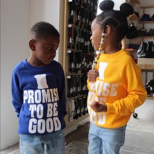 “I promise to be good” kid crewnecks